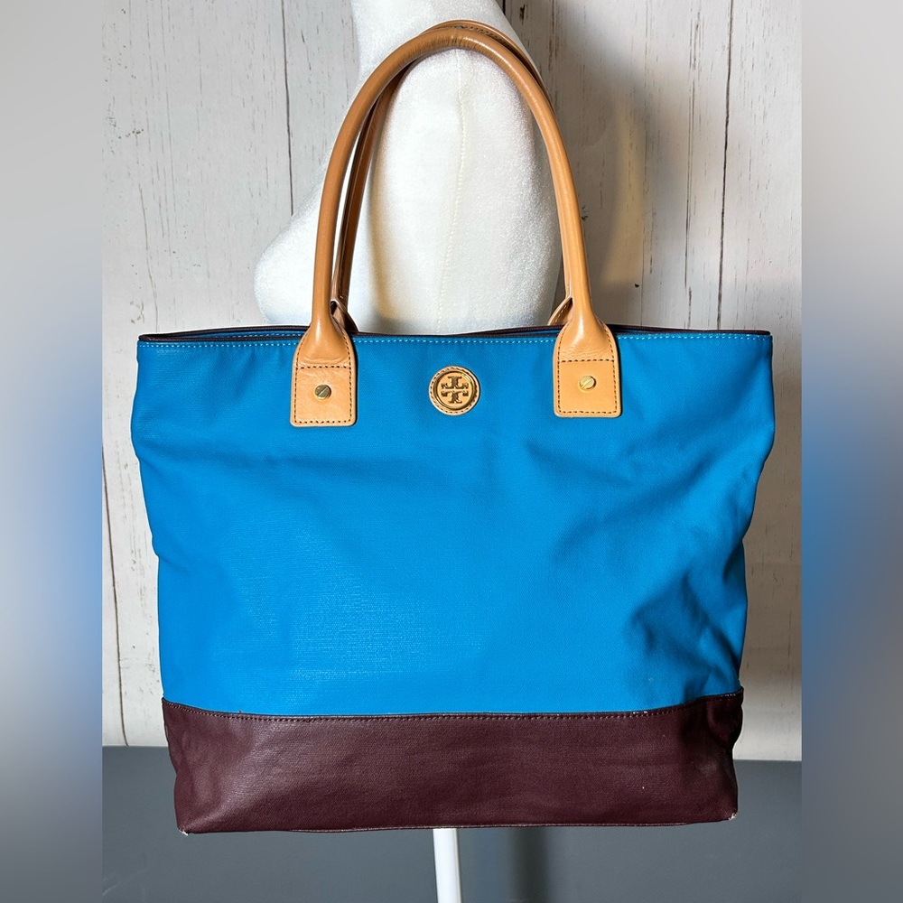 Tory Burch Blue and Brown Canvas Tote Bag